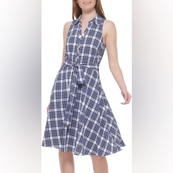 Plaid flowy shirt dress with tie waist - Picture 4 of 8